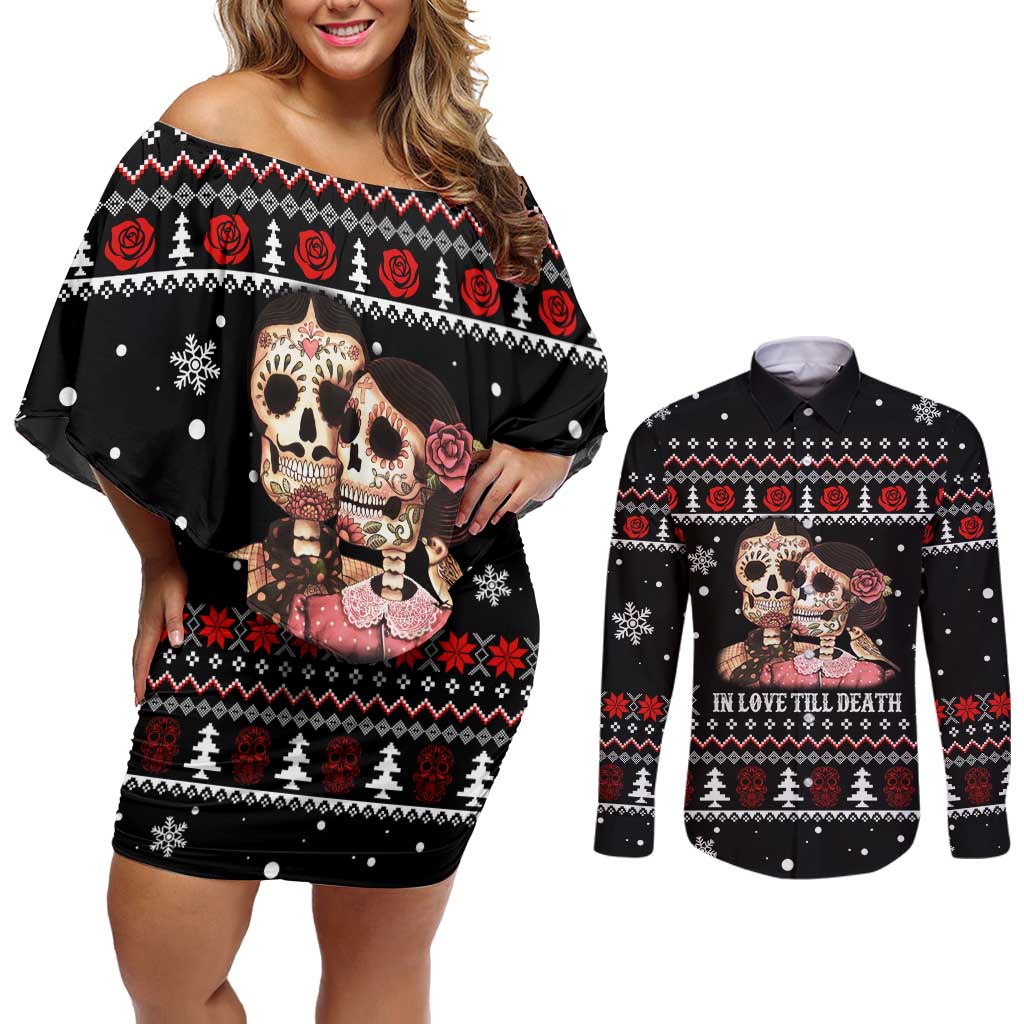 Skull Couple Christmas Couples Matching Off Shoulder Short Dress and Long Sleeve Button Shirt Xmas Holiday Patterns - Wonder Print Shop