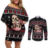 Skull Couple Christmas Couples Matching Off Shoulder Short Dress and Long Sleeve Button Shirt Xmas Holiday Patterns - Wonder Print Shop