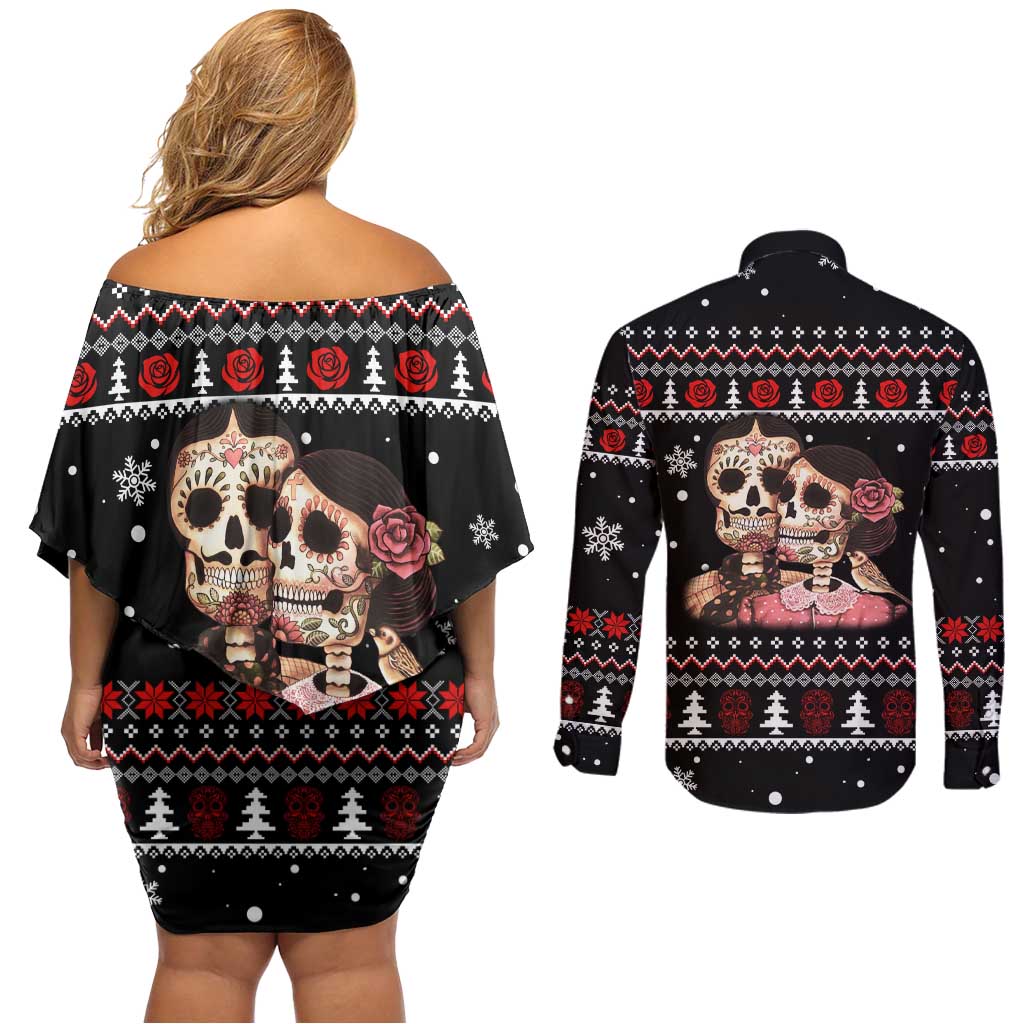 Skull Couple Christmas Couples Matching Off Shoulder Short Dress and Long Sleeve Button Shirt Xmas Holiday Patterns - Wonder Print Shop