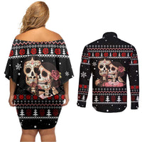 Skull Couple Christmas Couples Matching Off Shoulder Short Dress and Long Sleeve Button Shirt Xmas Holiday Patterns - Wonder Print Shop
