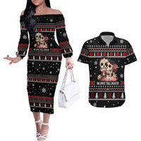 Skull Couple Christmas Couples Matching Off The Shoulder Long Sleeve Dress and Hawaiian Shirt Xmas Holiday Patterns - Wonder Print Shop
