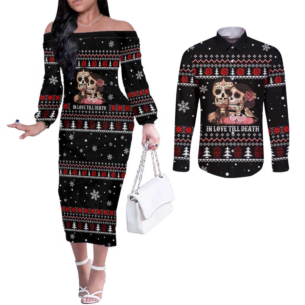 Skull Couple Christmas Couples Matching Off The Shoulder Long Sleeve Dress and Long Sleeve Button Shirt Xmas Holiday Patterns - Wonder Print Shop