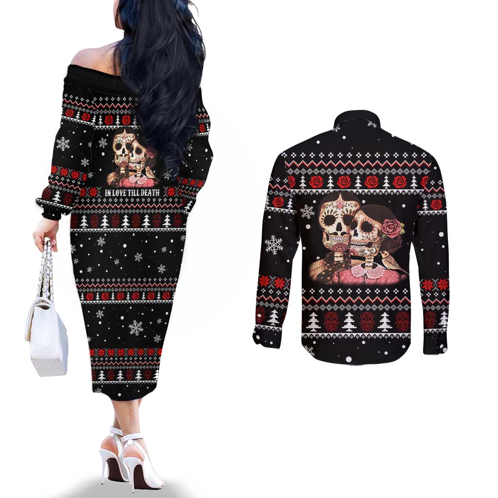 Skull Couple Christmas Couples Matching Off The Shoulder Long Sleeve Dress and Long Sleeve Button Shirt Xmas Holiday Patterns - Wonder Print Shop