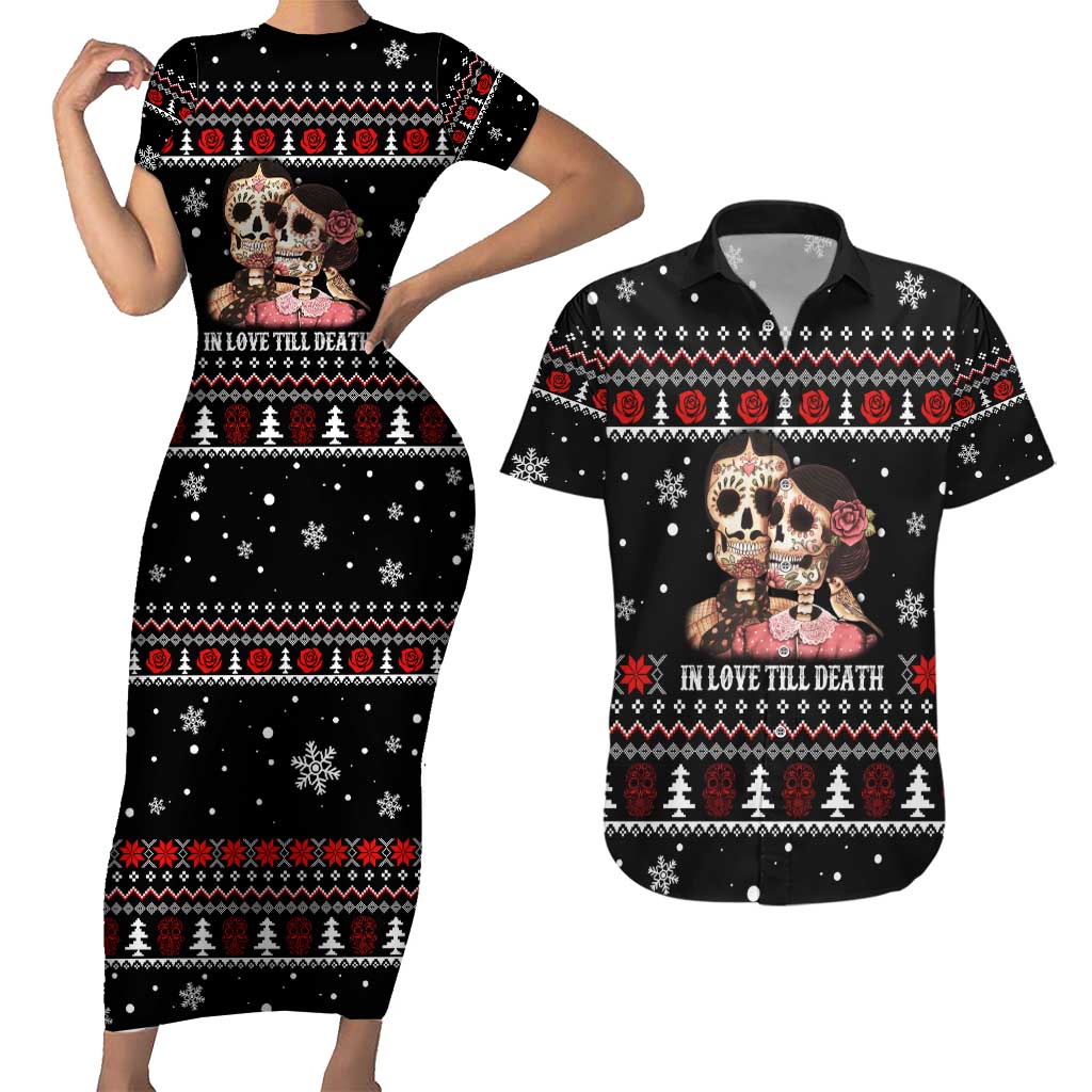 Skull Couple Christmas Couples Matching Short Sleeve Bodycon Dress and Hawaiian Shirt Xmas Holiday Patterns - Wonder Print Shop