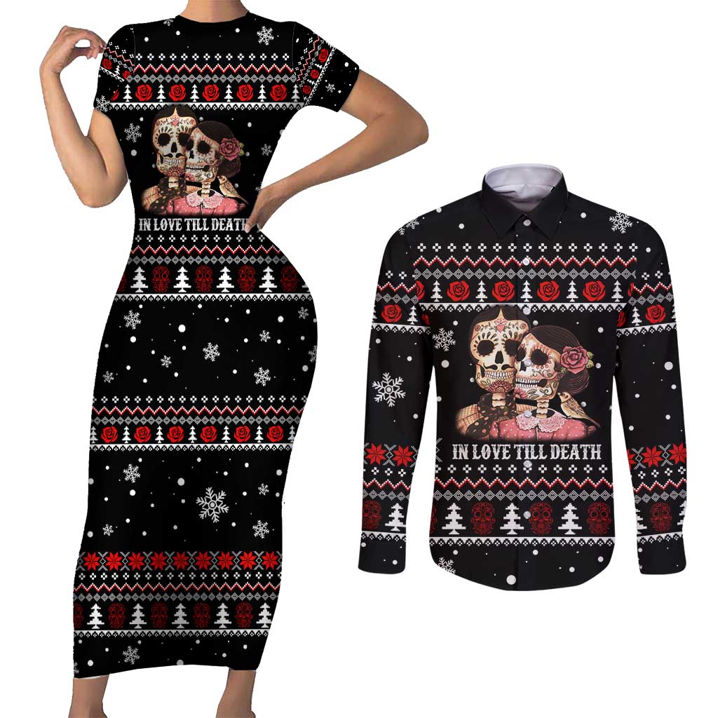Skull Couple Christmas Couples Matching Short Sleeve Bodycon Dress and Long Sleeve Button Shirt Xmas Holiday Patterns - Wonder Print Shop