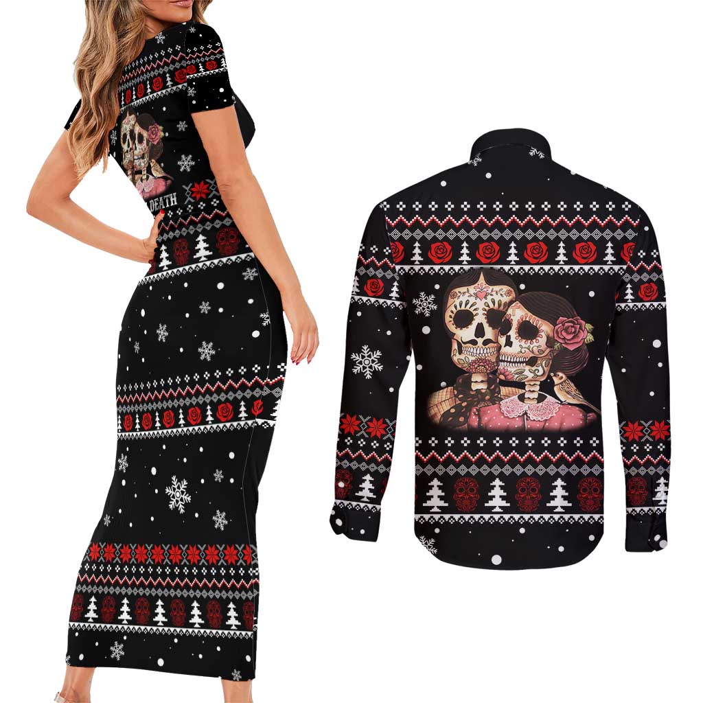 Skull Couple Christmas Couples Matching Short Sleeve Bodycon Dress and Long Sleeve Button Shirt Xmas Holiday Patterns - Wonder Print Shop