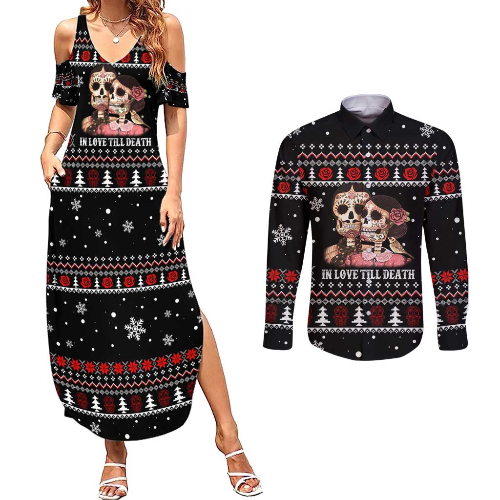 Skull Couple Christmas Couples Matching Summer Maxi Dress and Long Sleeve Button Shirt Xmas Holiday Patterns - Wonder Print Shop