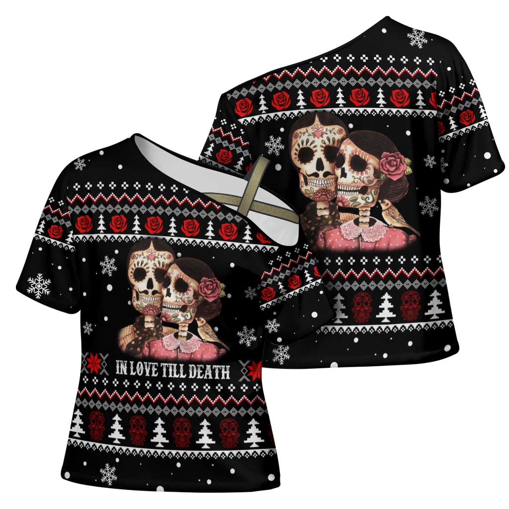 Skull Couple Christmas Cross Shoulder Shirt Xmas Holiday Patterns - Wonder Print Shop