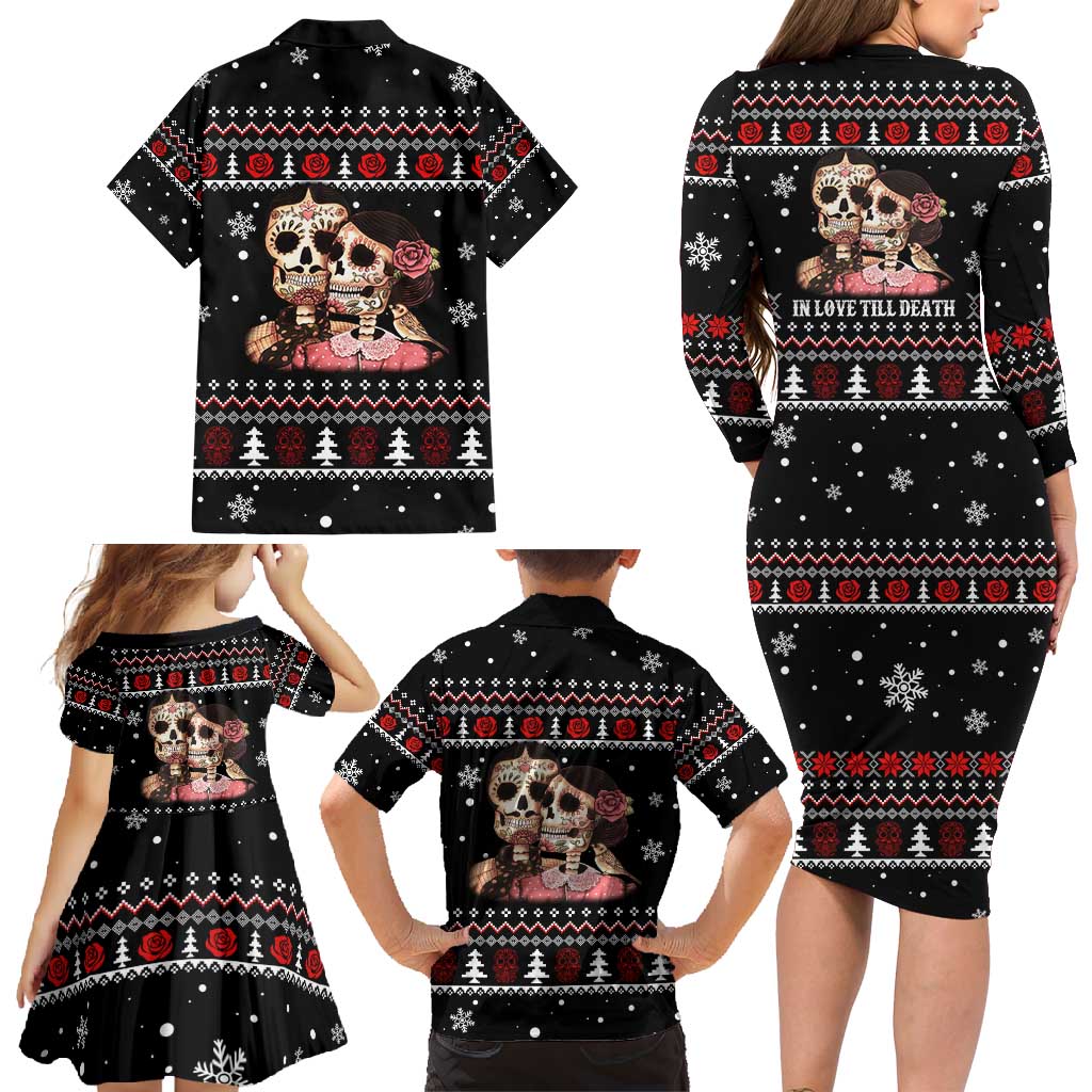 Skull Couple Christmas Family Matching Long Sleeve Bodycon Dress and Hawaiian Shirt Xmas Holiday Patterns - Wonder Print Shop