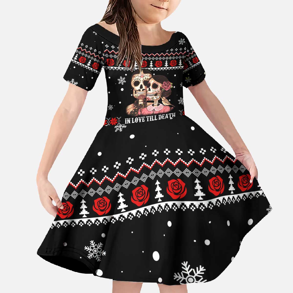 Skull Couple Christmas Family Matching Off The Shoulder Long Sleeve Dress and Hawaiian Shirt Xmas Holiday Patterns - Wonder Print Shop