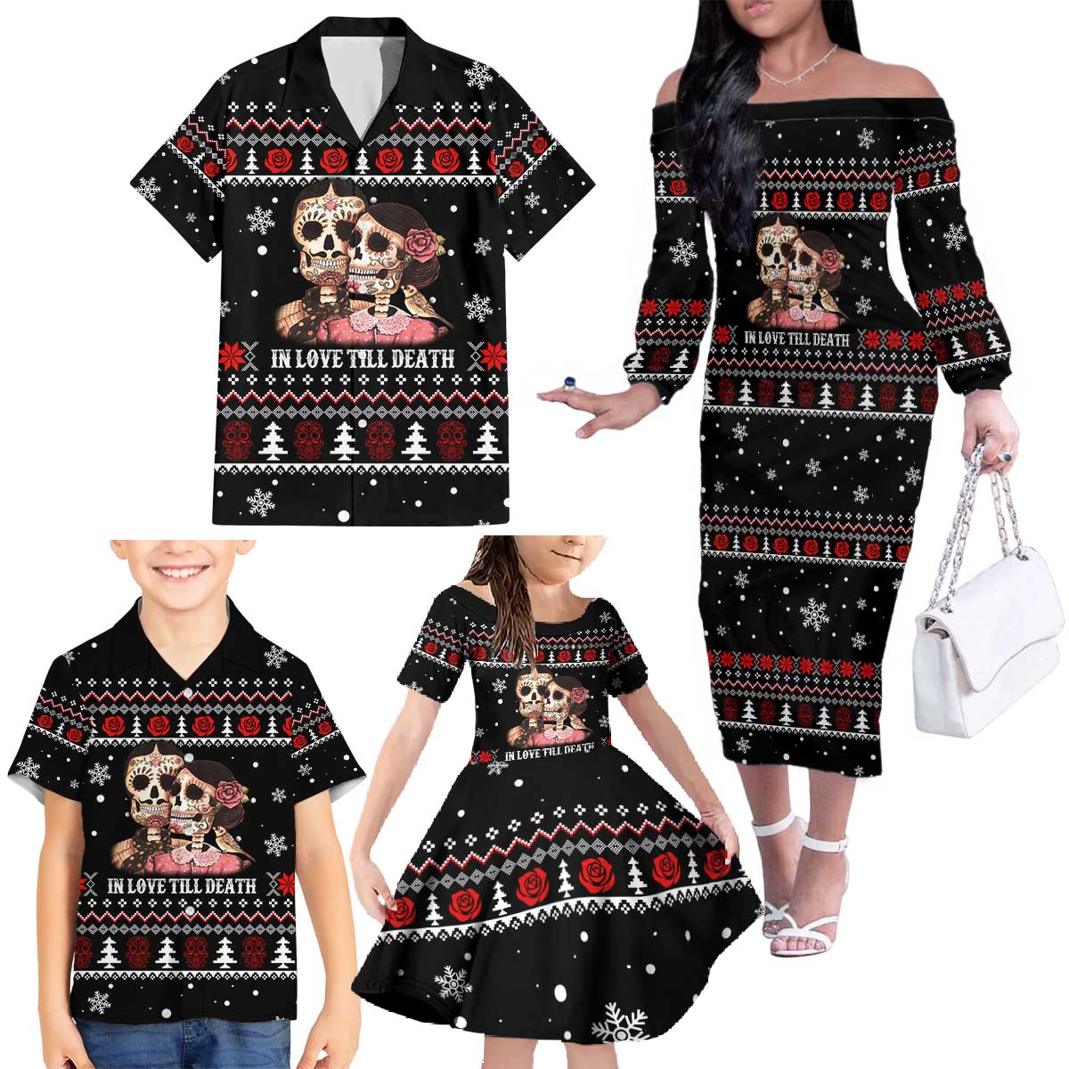 Skull Couple Christmas Family Matching Off The Shoulder Long Sleeve Dress and Hawaiian Shirt Xmas Holiday Patterns - Wonder Print Shop