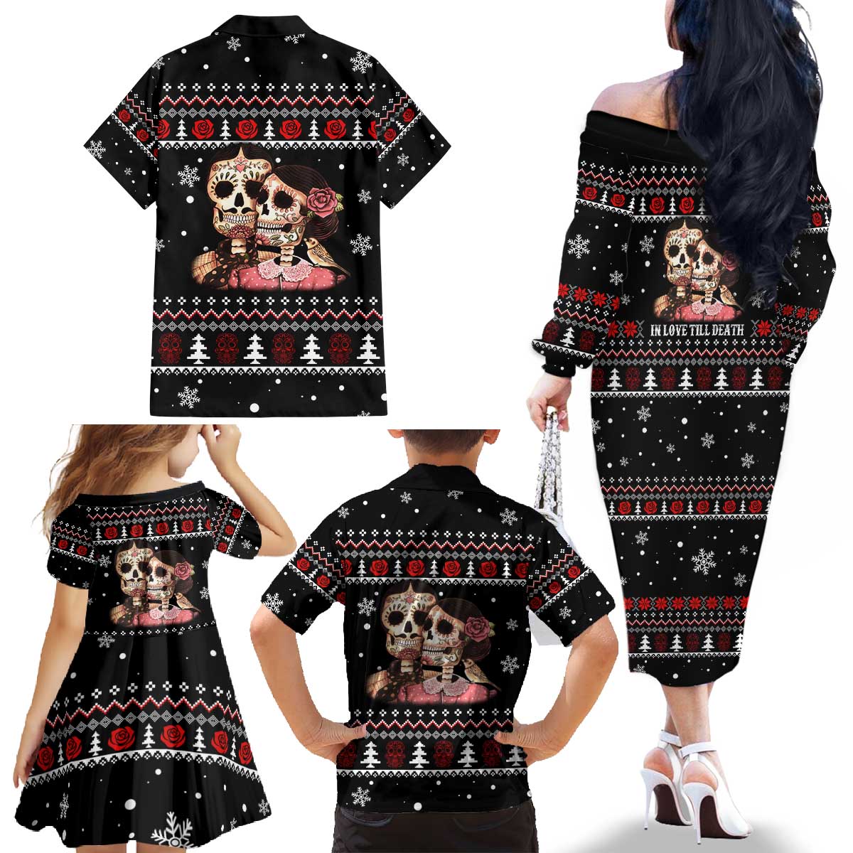 Skull Couple Christmas Family Matching Off The Shoulder Long Sleeve Dress and Hawaiian Shirt Xmas Holiday Patterns - Wonder Print Shop