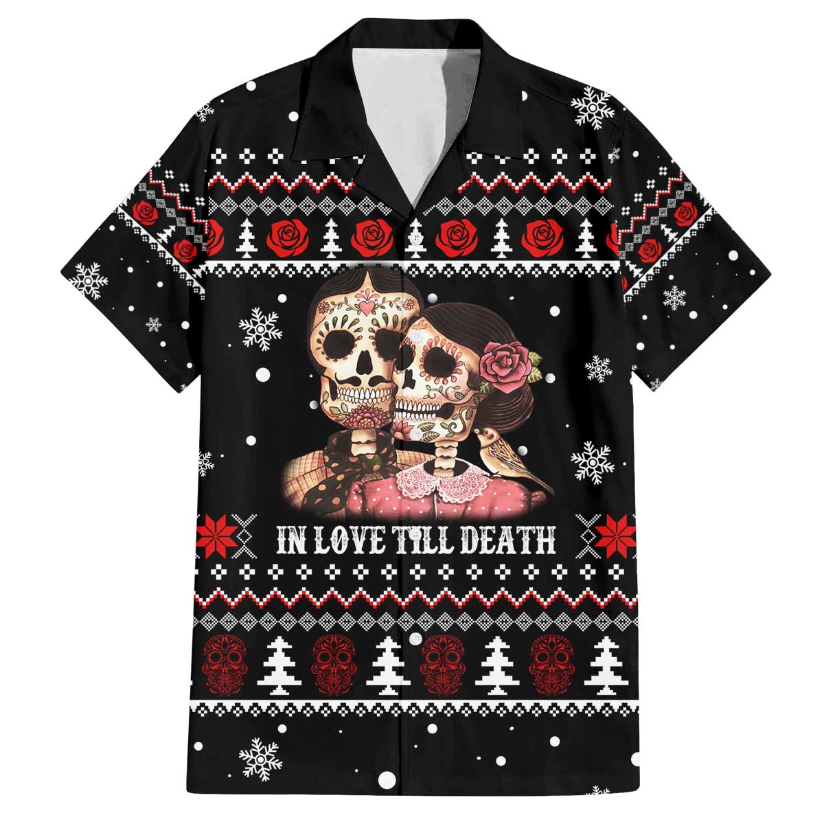 Skull Couple Christmas Family Matching Off The Shoulder Long Sleeve Dress and Hawaiian Shirt Xmas Holiday Patterns - Wonder Print Shop