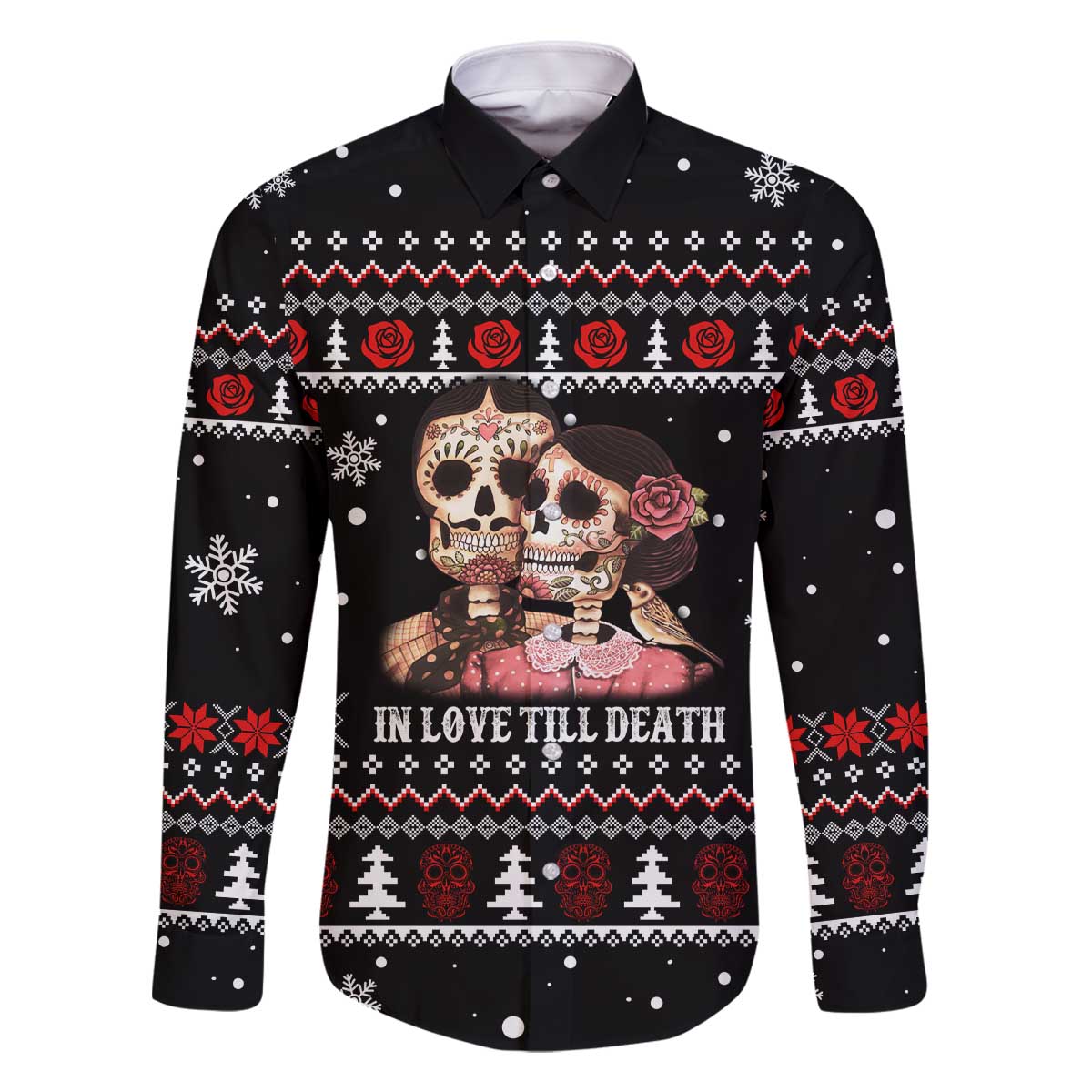 Skull Couple Christmas Family Matching Off The Shoulder Long Sleeve Dress and Hawaiian Shirt Xmas Holiday Patterns - Wonder Print Shop