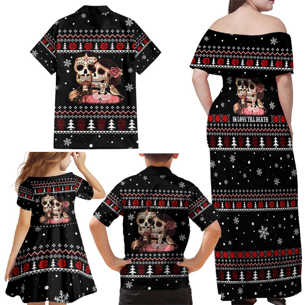 Skull Couple Christmas Family Matching Off Shoulder Maxi Dress and Hawaiian Shirt Xmas Holiday Patterns - Wonder Print Shop