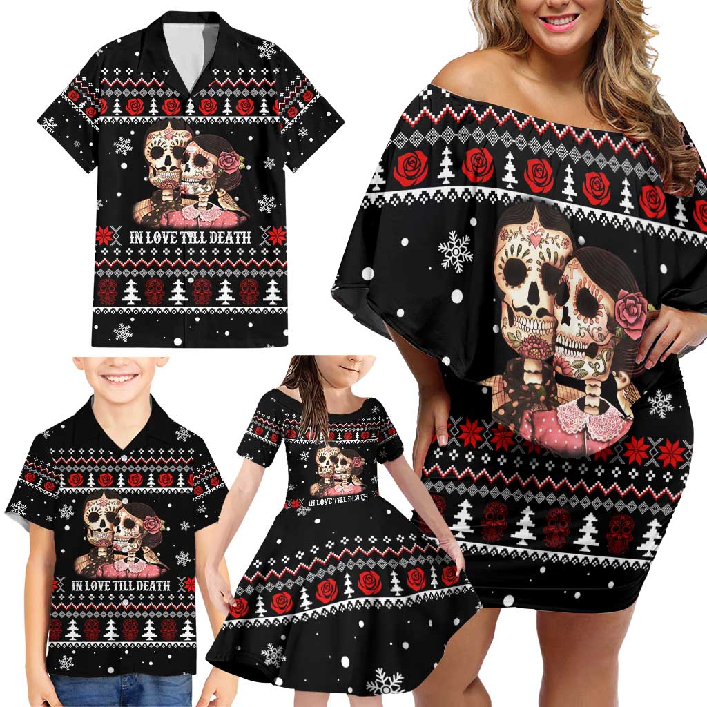 Skull Couple Christmas Family Matching Off Shoulder Short Dress and Hawaiian Shirt Xmas Holiday Patterns - Wonder Print Shop