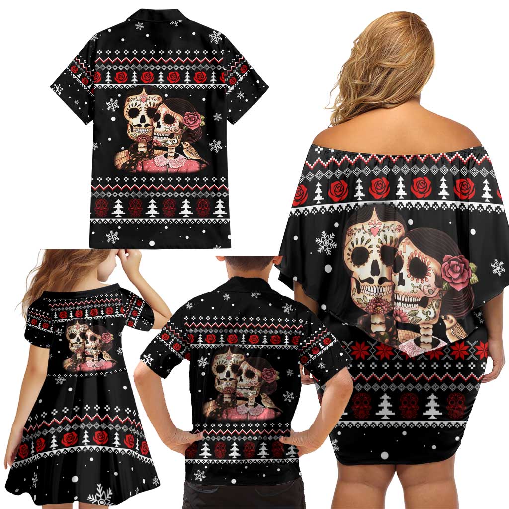 Skull Couple Christmas Family Matching Off Shoulder Short Dress and Hawaiian Shirt Xmas Holiday Patterns - Wonder Print Shop