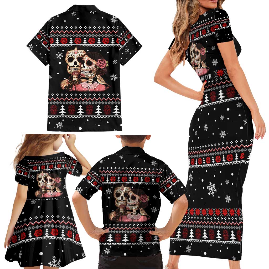 Skull Couple Christmas Family Matching Short Sleeve Bodycon Dress and Hawaiian Shirt Xmas Holiday Patterns - Wonder Print Shop