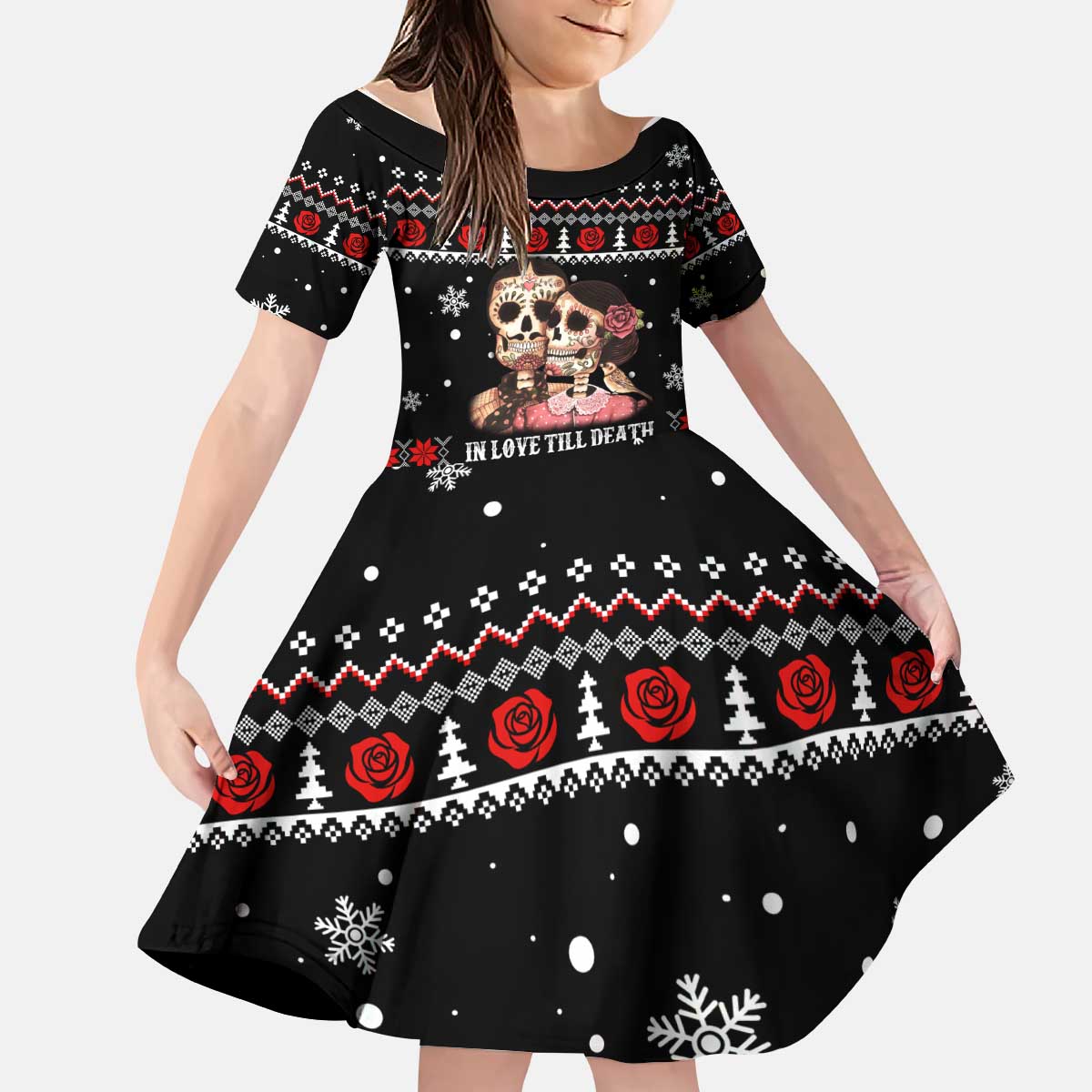 Skull Couple Christmas Kid Short Sleeve Dress Xmas Holiday Patterns - Wonder Print Shop