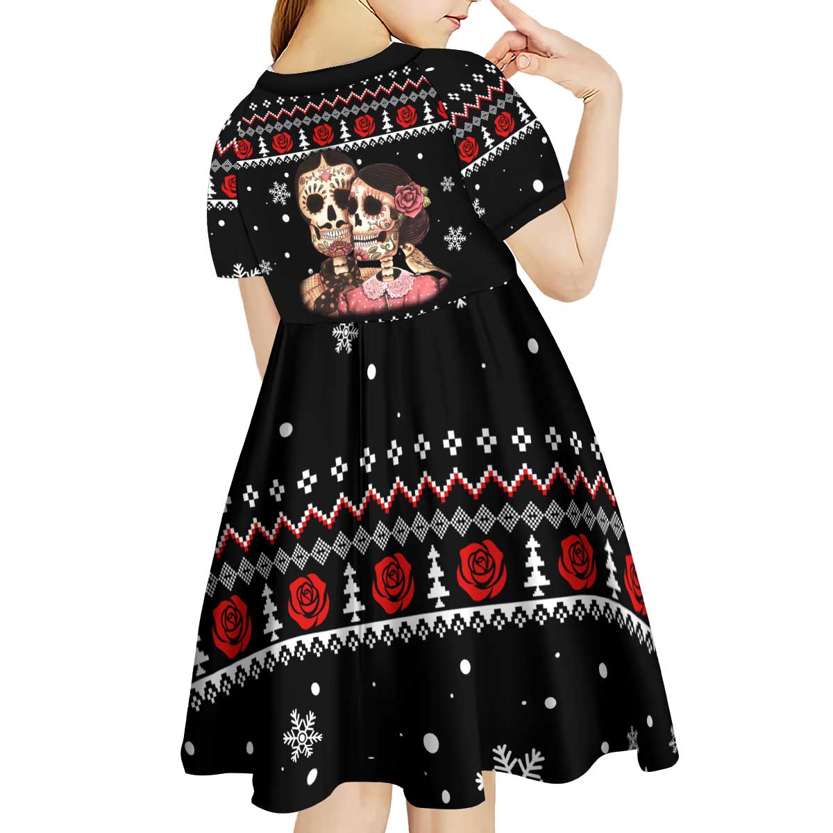 Skull Couple Christmas Kid Short Sleeve Dress Xmas Holiday Patterns - Wonder Print Shop