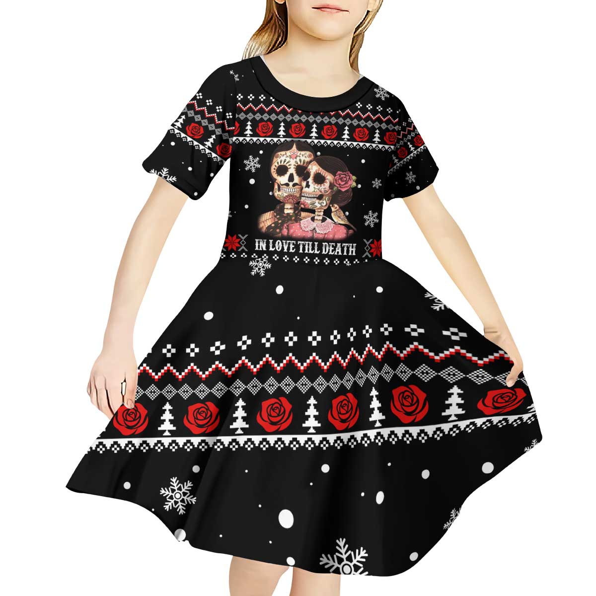 Skull Couple Christmas Kid Short Sleeve Dress Xmas Holiday Patterns - Wonder Print Shop