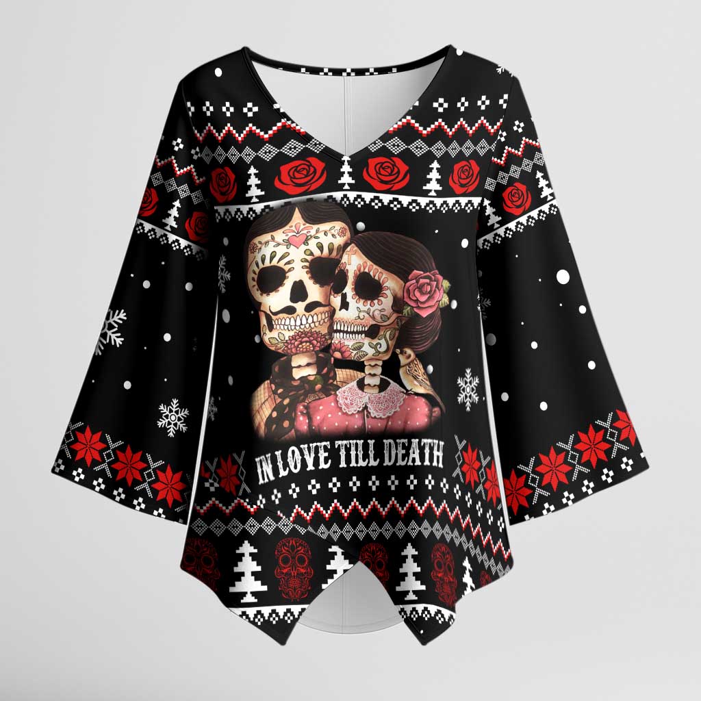 Skull Couple Christmas Kimono Sleeve Blouse Xmas Holiday Patterns - Wonder Print Shop