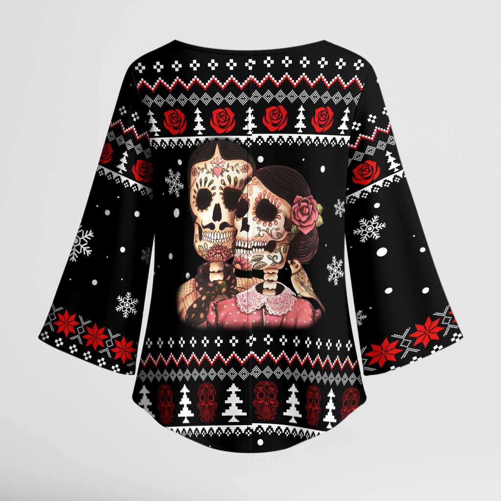 Skull Couple Christmas Kimono Sleeve Blouse Xmas Holiday Patterns - Wonder Print Shop
