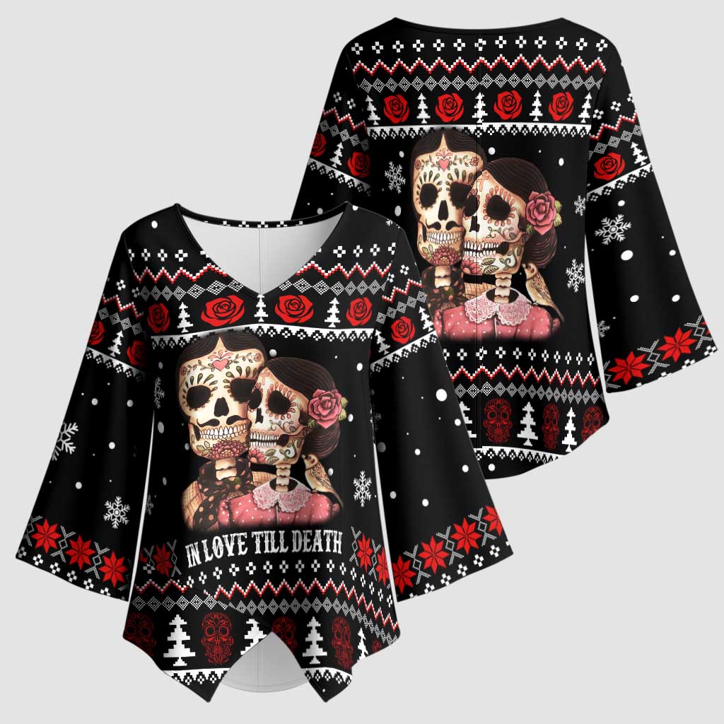 Skull Couple Christmas Kimono Sleeve Blouse Xmas Holiday Patterns - Wonder Print Shop