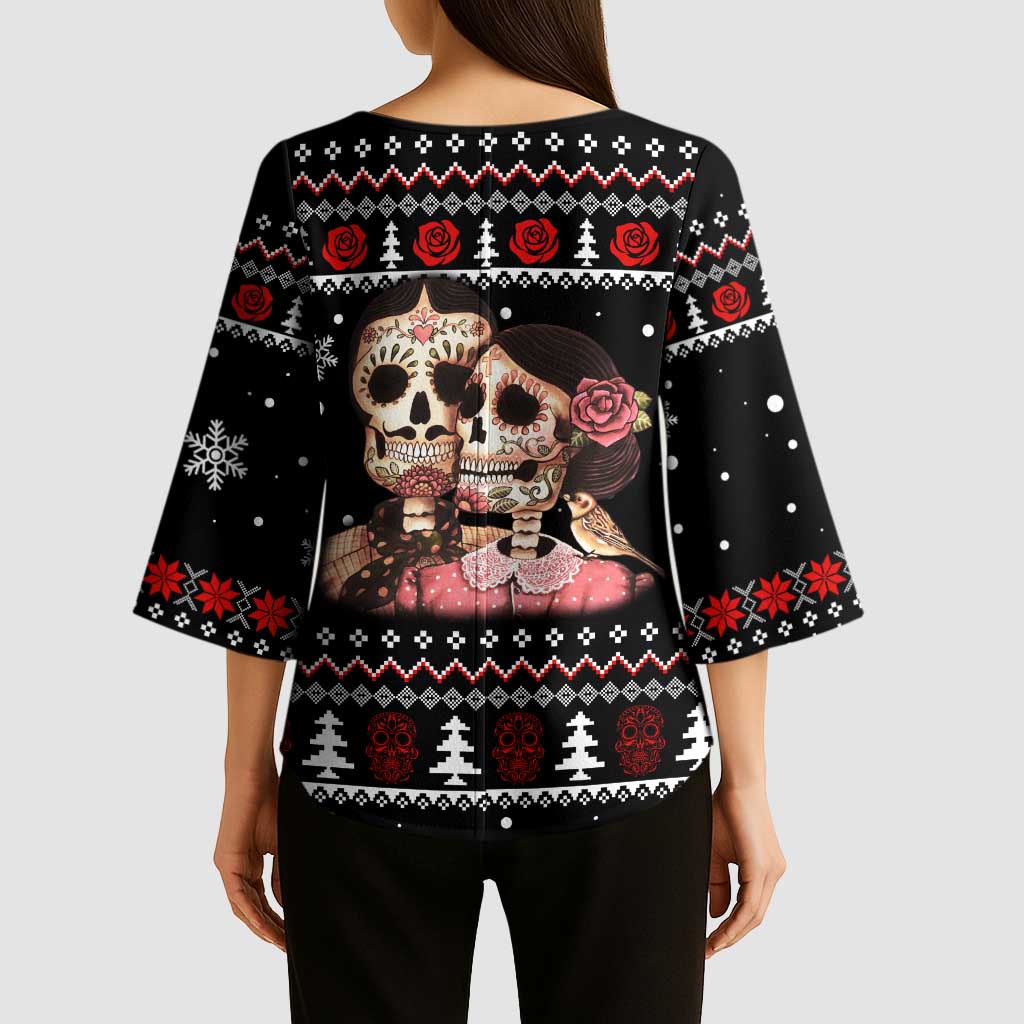 Skull Couple Christmas Kimono Sleeve Blouse Xmas Holiday Patterns - Wonder Print Shop