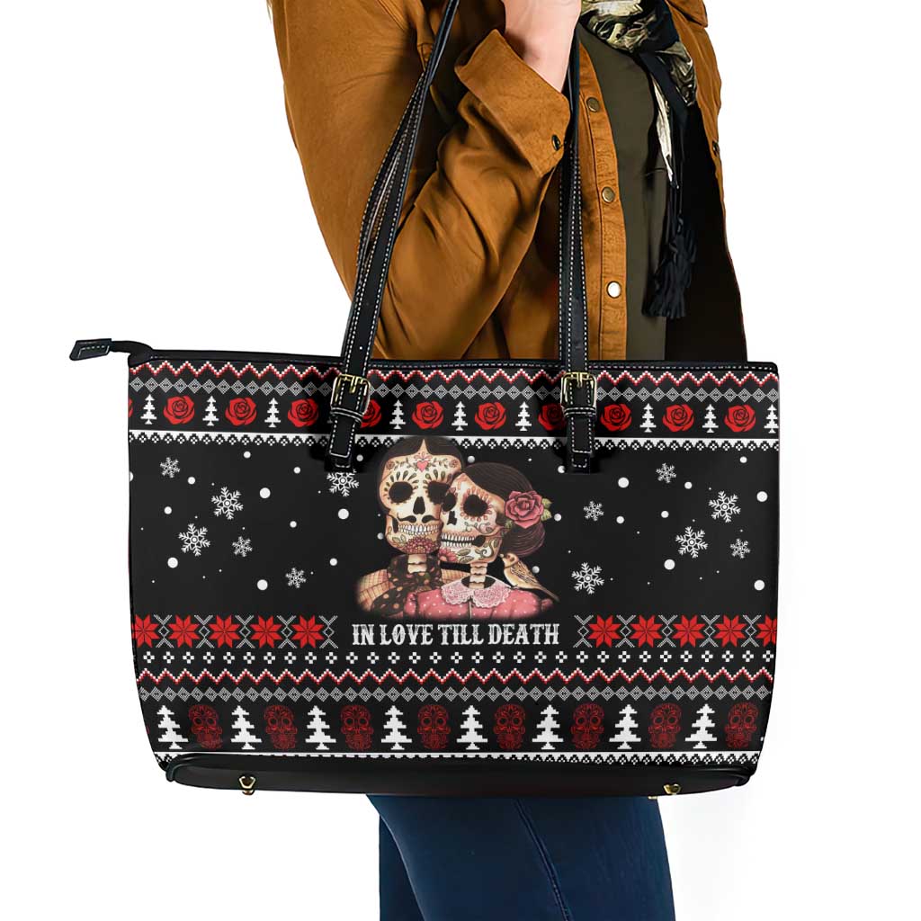 Skull Couple Christmas Leather Tote Bag Xmas Holiday Patterns - Wonder Print Shop