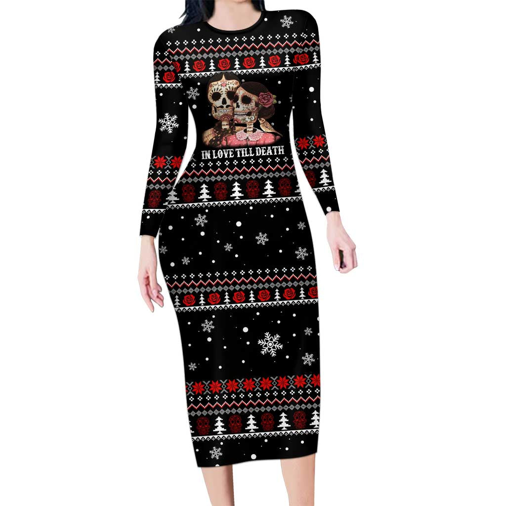 Skull Couple Christmas Long Sleeve Bodycon Dress Xmas Holiday Patterns - Wonder Print Shop