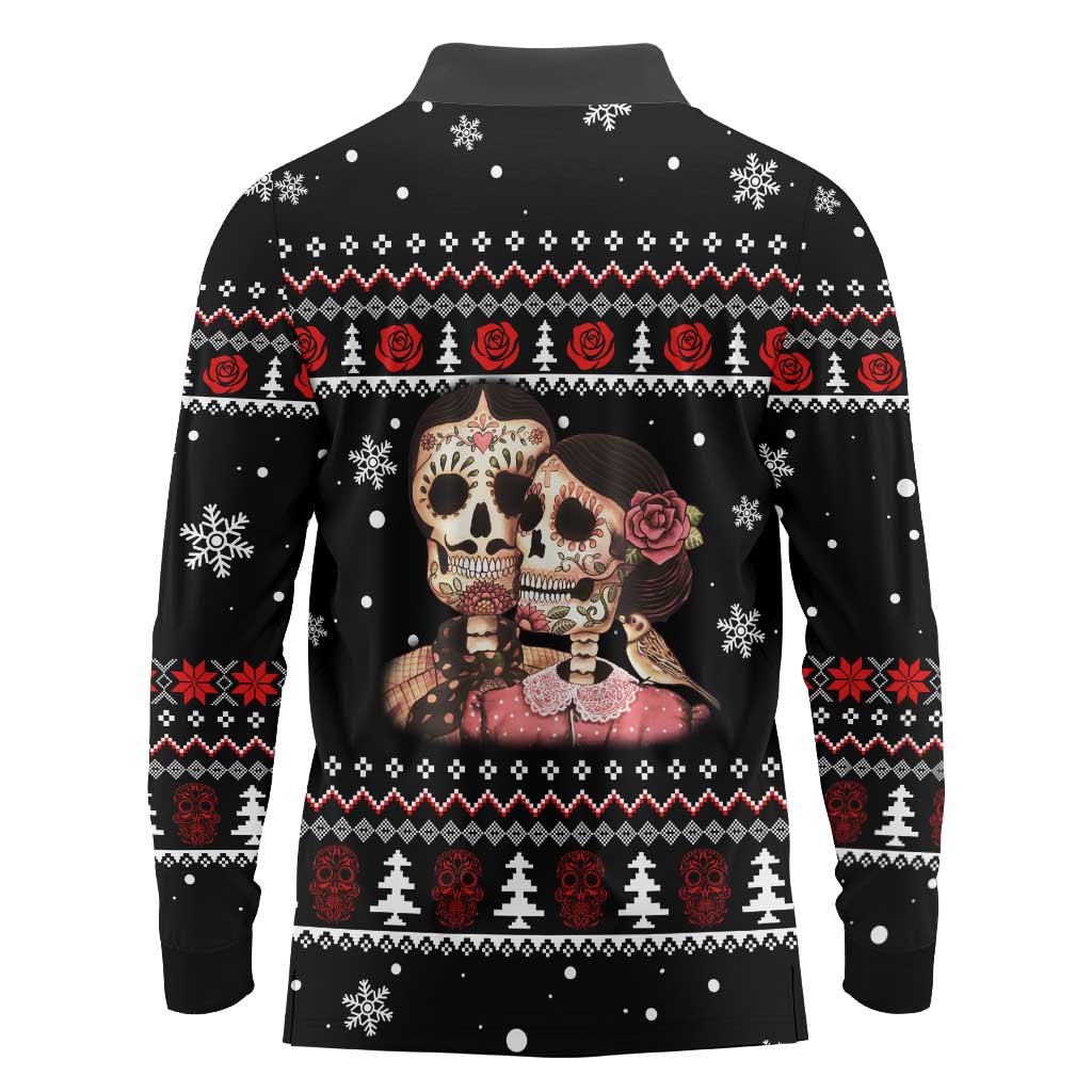 Skull Couple Christmas Long Sleeve Polo Shirt Xmas Holiday Patterns - Wonder Print Shop