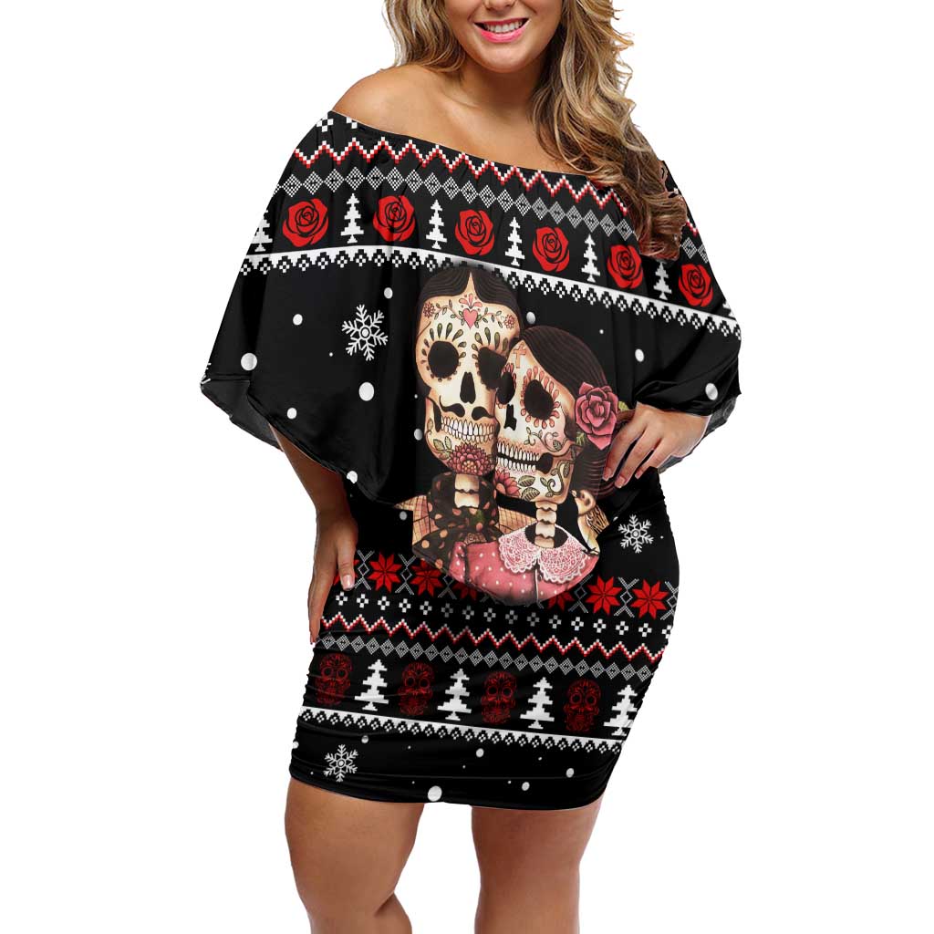 Skull Couple Christmas Off Shoulder Short Dress Xmas Holiday Patterns - Wonder Print Shop
