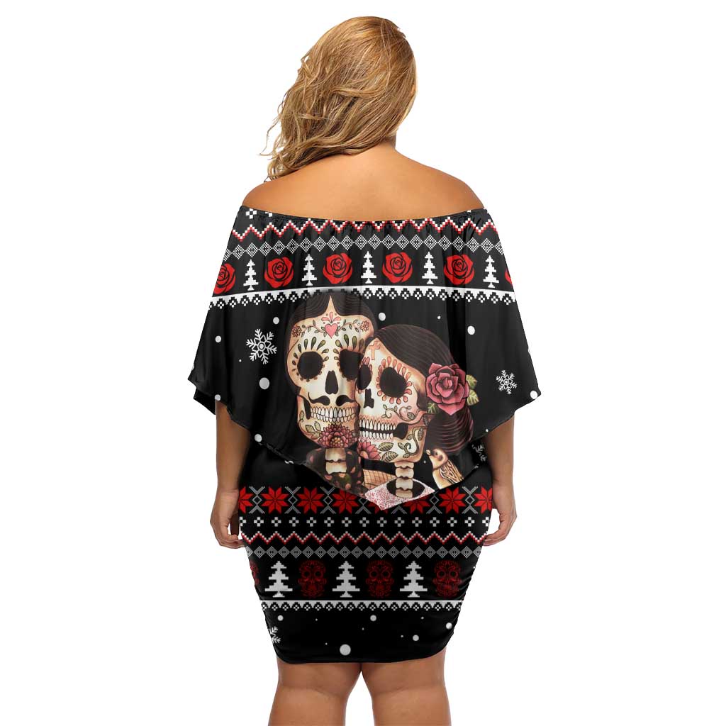 Skull Couple Christmas Off Shoulder Short Dress Xmas Holiday Patterns - Wonder Print Shop