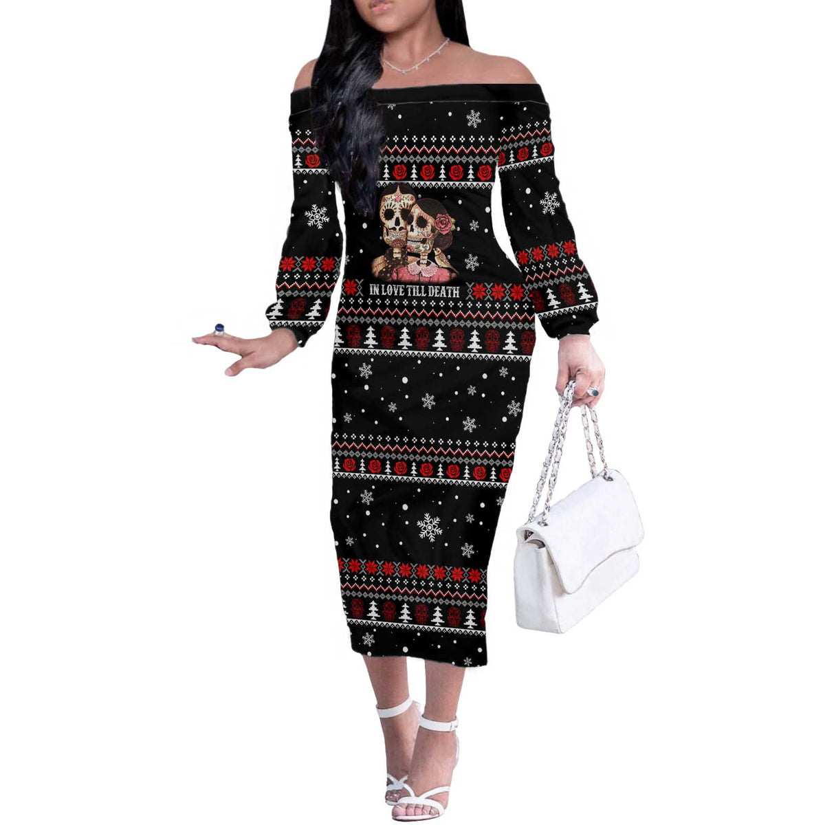 Skull Couple Christmas Off The Shoulder Long Sleeve Dress Xmas Holiday Patterns - Wonder Print Shop