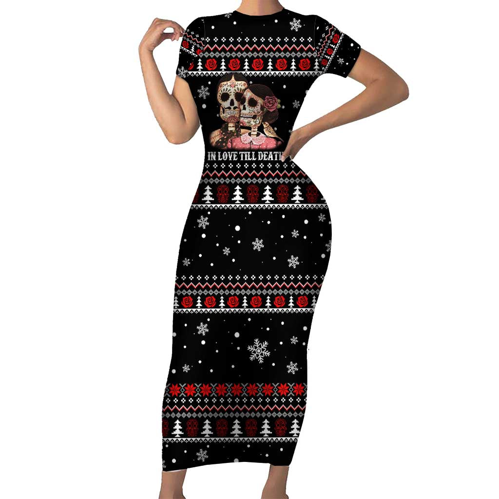Skull Couple Christmas Short Sleeve Bodycon Dress Xmas Holiday Patterns - Wonder Print Shop