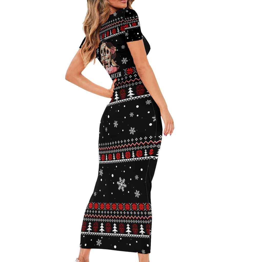 Skull Couple Christmas Short Sleeve Bodycon Dress Xmas Holiday Patterns - Wonder Print Shop