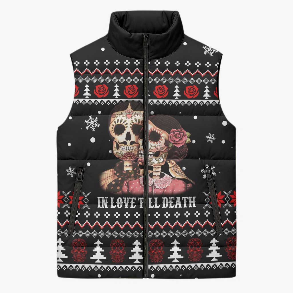 Skull Couple Christmas Sleeveless Puffer Jacket Xmas Holiday Patterns - Wonder Print Shop