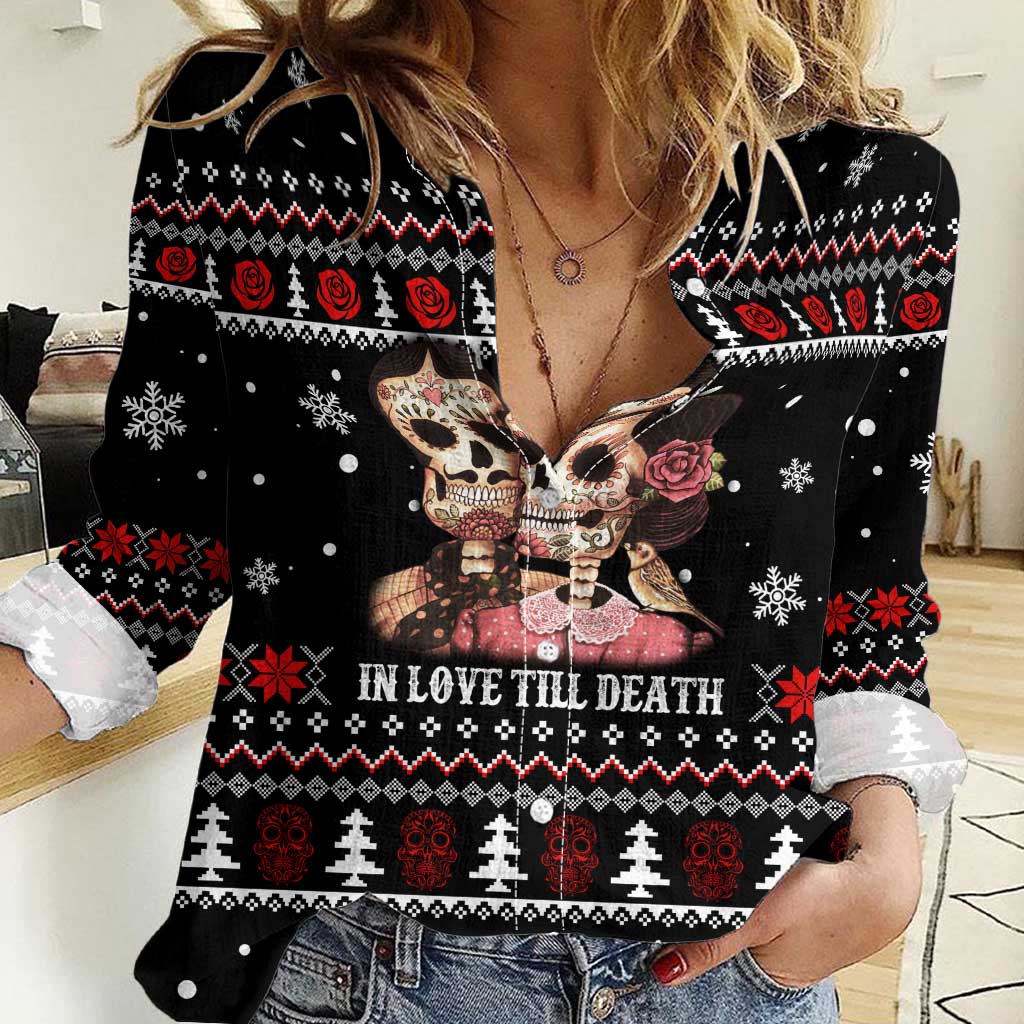 Skull Couple Christmas Women Casual Shirt Xmas Holiday Patterns - Wonder Print Shop
