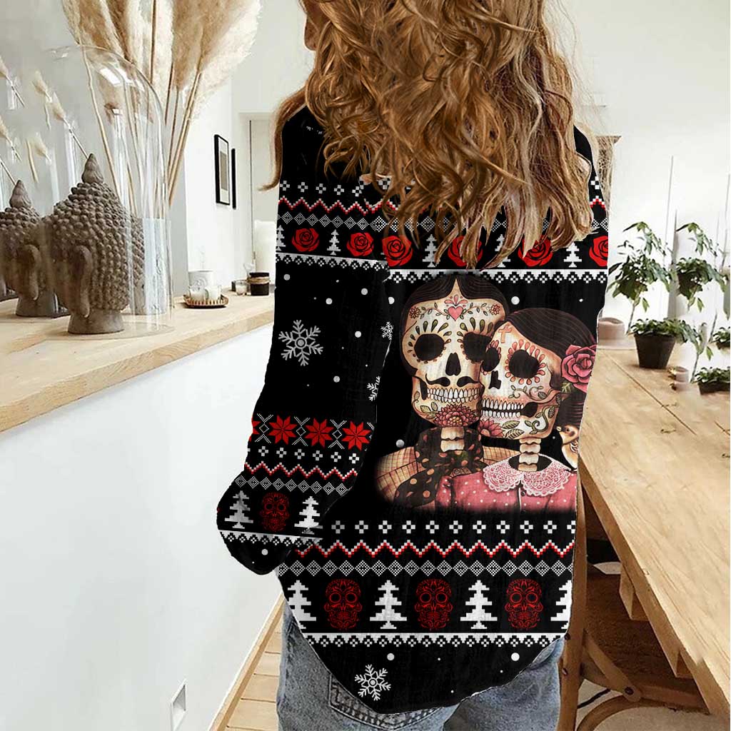 Skull Couple Christmas Women Casual Shirt Xmas Holiday Patterns - Wonder Print Shop