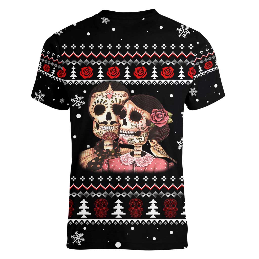 Skull Couple Christmas Women V-Neck T-Shirt Xmas Holiday Patterns - Wonder Print Shop