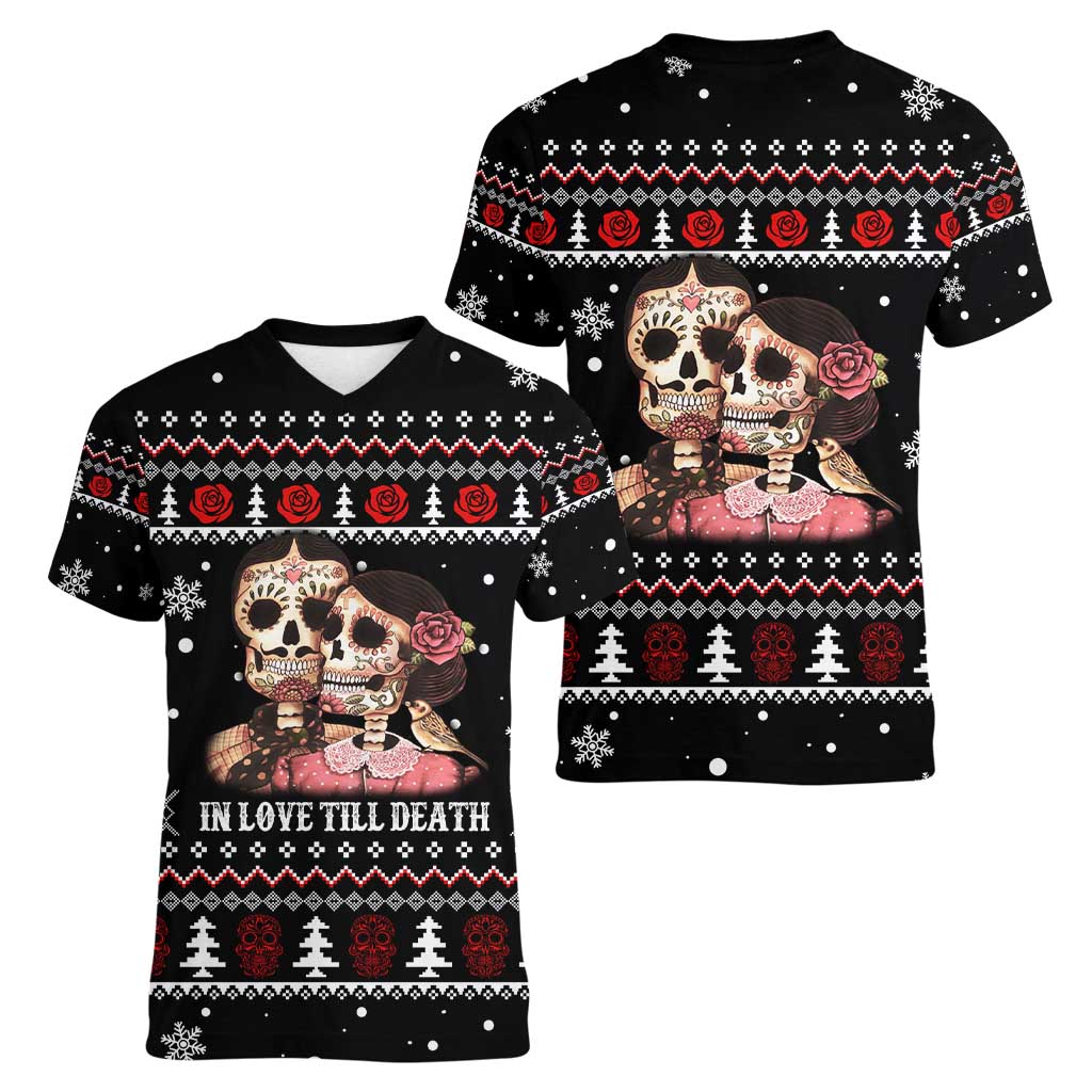 Skull Couple Christmas Women V-Neck T-Shirt Xmas Holiday Patterns - Wonder Print Shop
