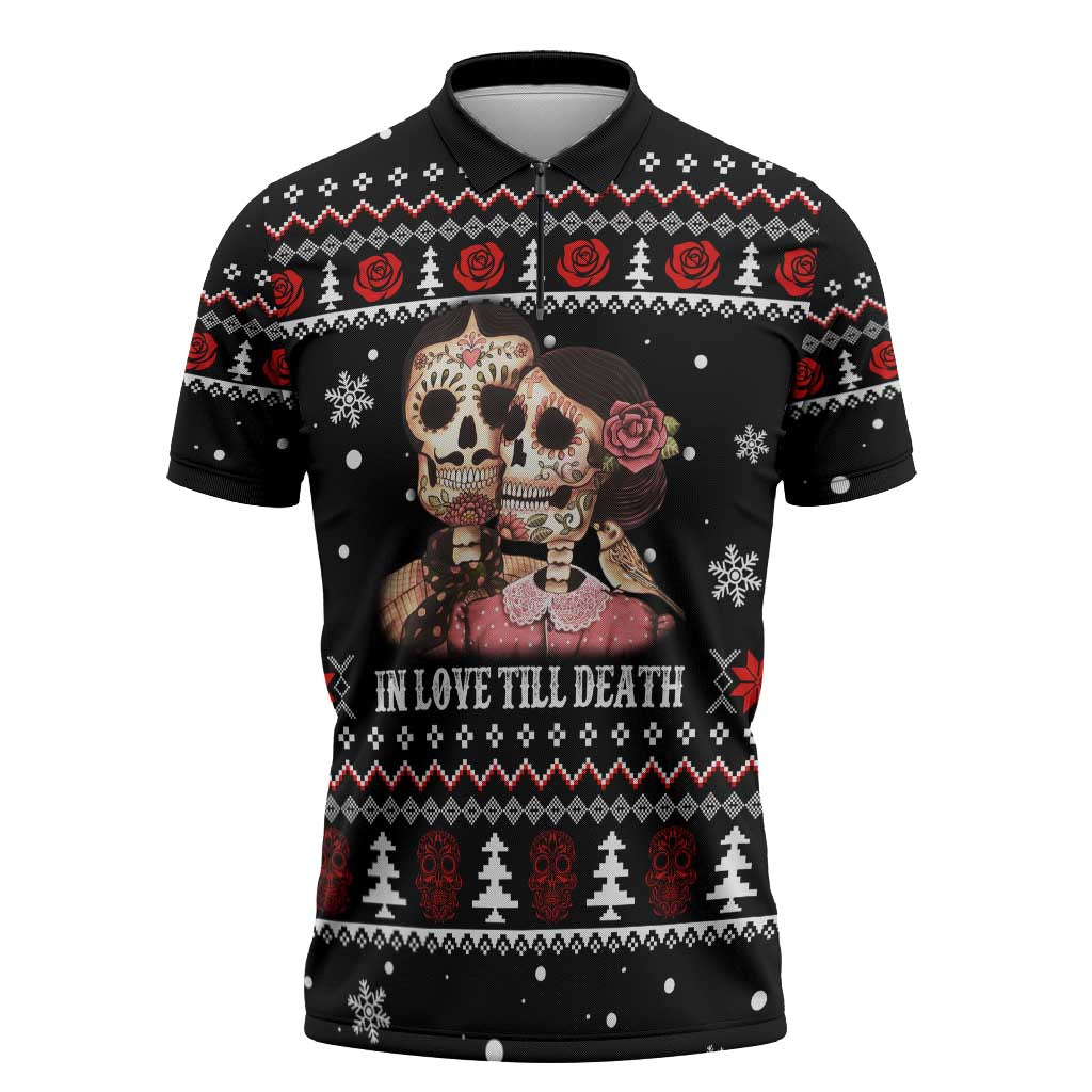 Skull Couple Christmas Zipper Polo Shirt Xmas Holiday Patterns - Wonder Print Shop