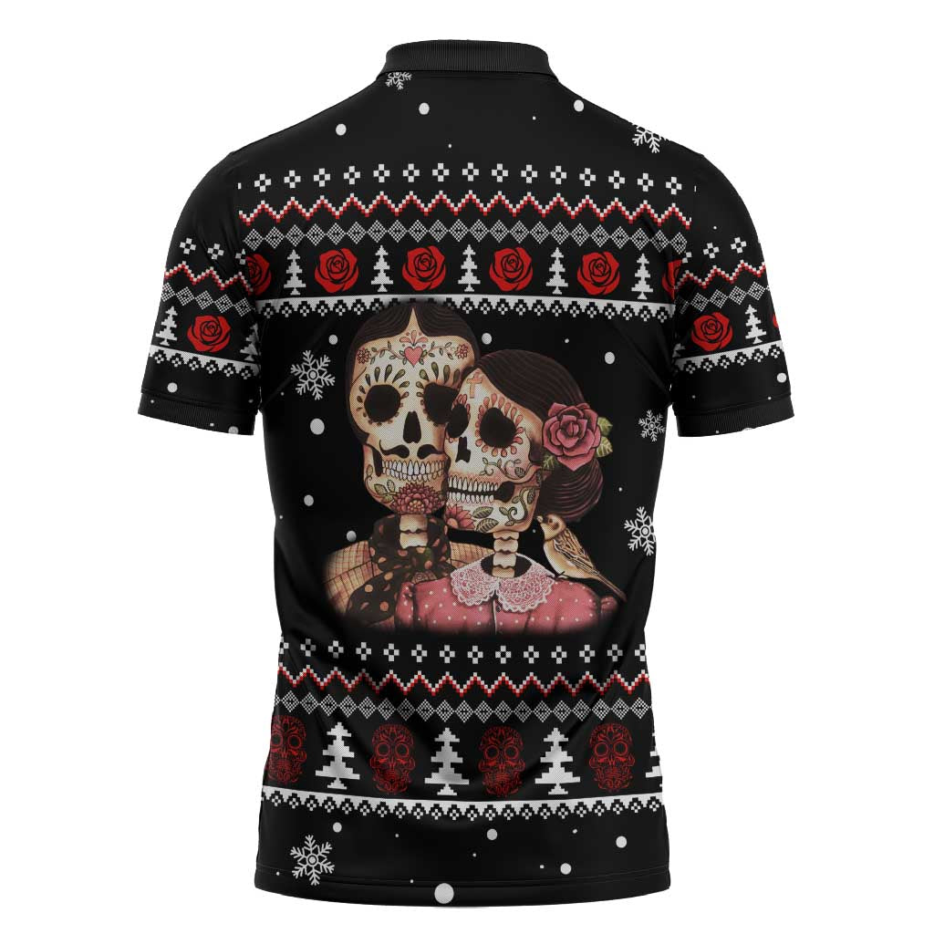 Skull Couple Christmas Zipper Polo Shirt Xmas Holiday Patterns - Wonder Print Shop