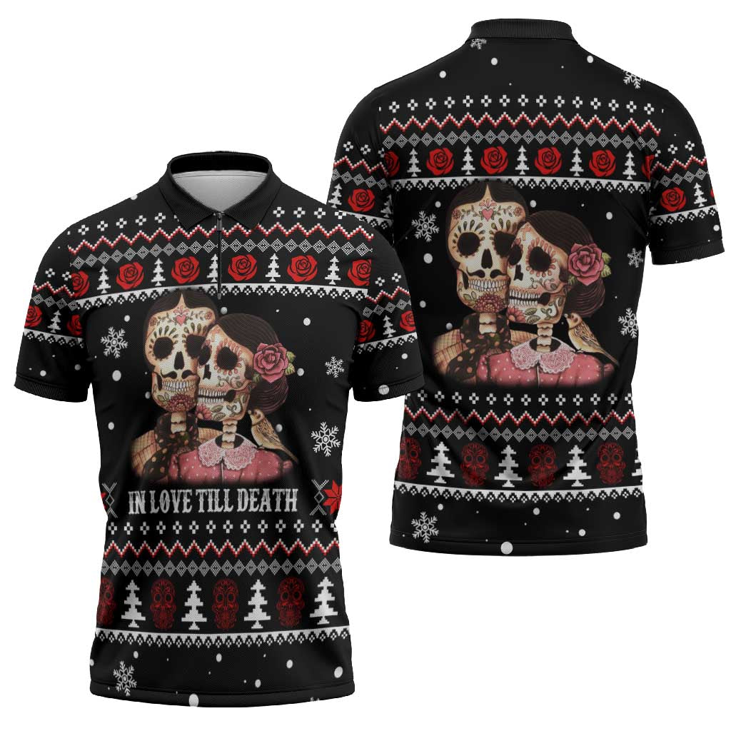 Skull Couple Christmas Zipper Polo Shirt Xmas Holiday Patterns - Wonder Print Shop