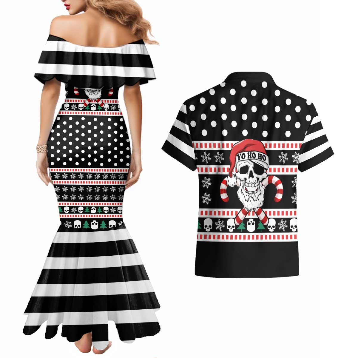Skull Creepmas Christmas Yall Christmas Couples Matching Mermaid Dress and Hawaiian Shirt Xmas Holiday Patterns - Wonder Print Shop