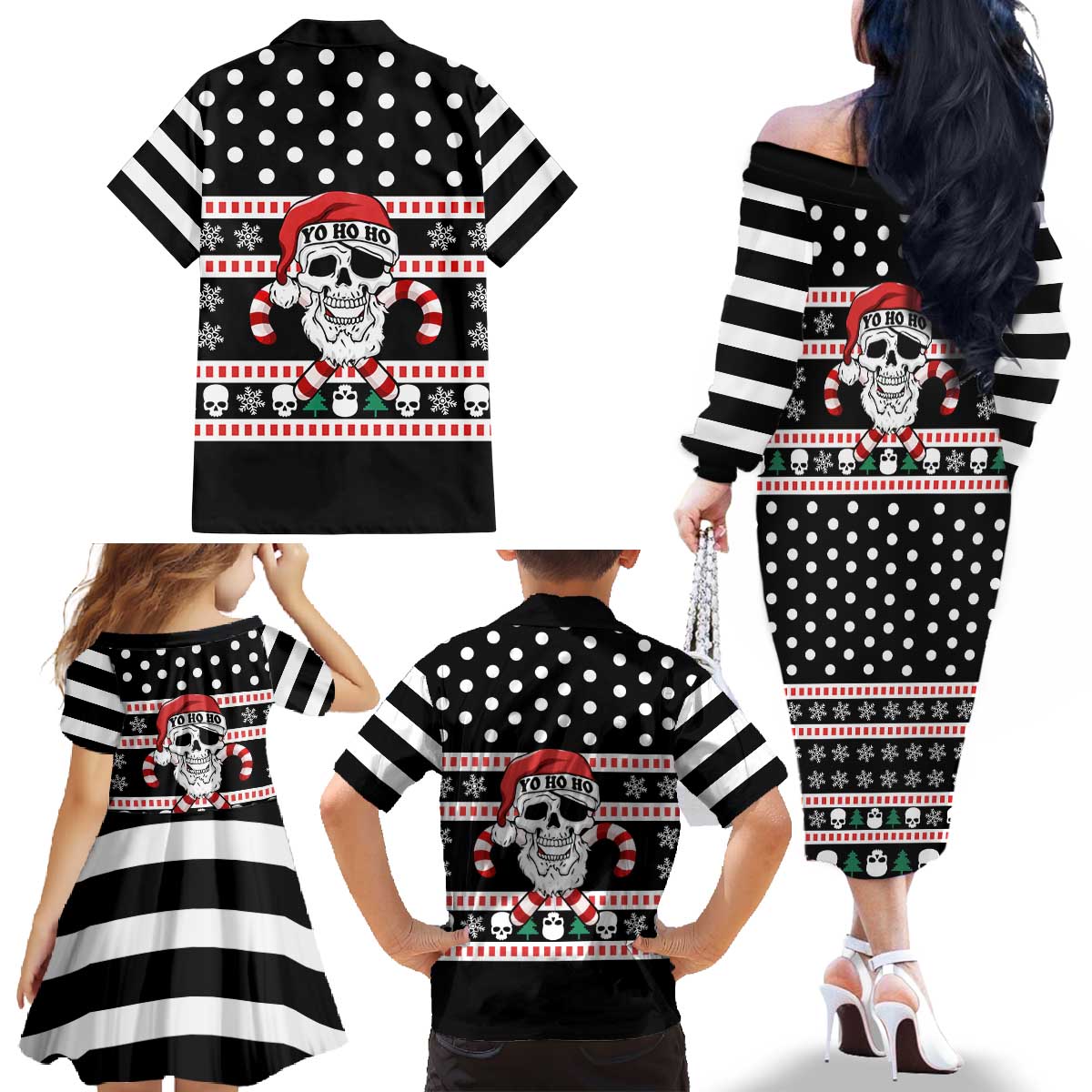 Skull Creepmas Christmas Yall Christmas Family Matching Off The Shoulder Long Sleeve Dress and Hawaiian Shirt Xmas Holiday Patterns - Wonder Print Shop