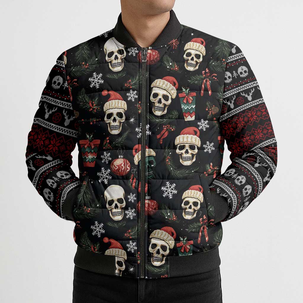 Skull Face Christmas Bomber Puffer Jacket Xmas Holiday Patterns - Wonder Print Shop