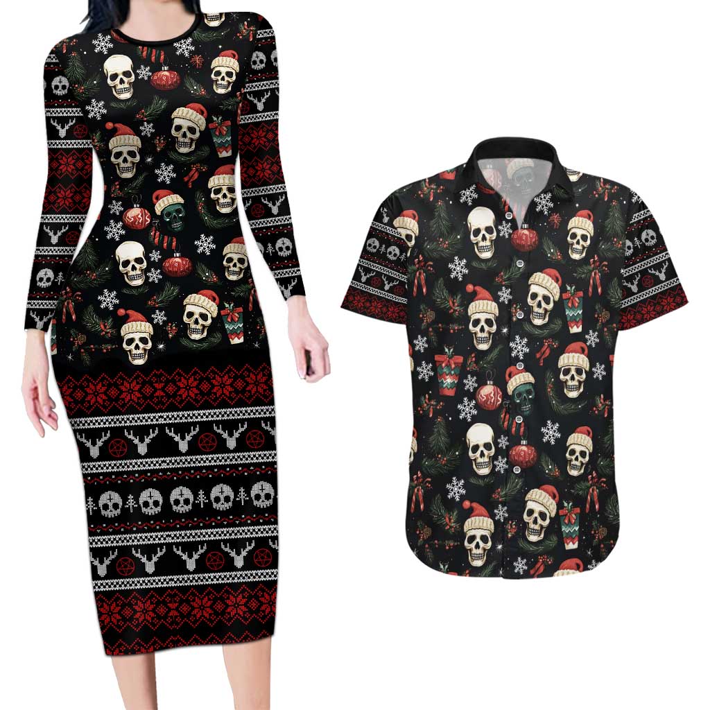 Skull Face Christmas Couples Matching Long Sleeve Bodycon Dress and Hawaiian Shirt Xmas Holiday Patterns - Wonder Print Shop
