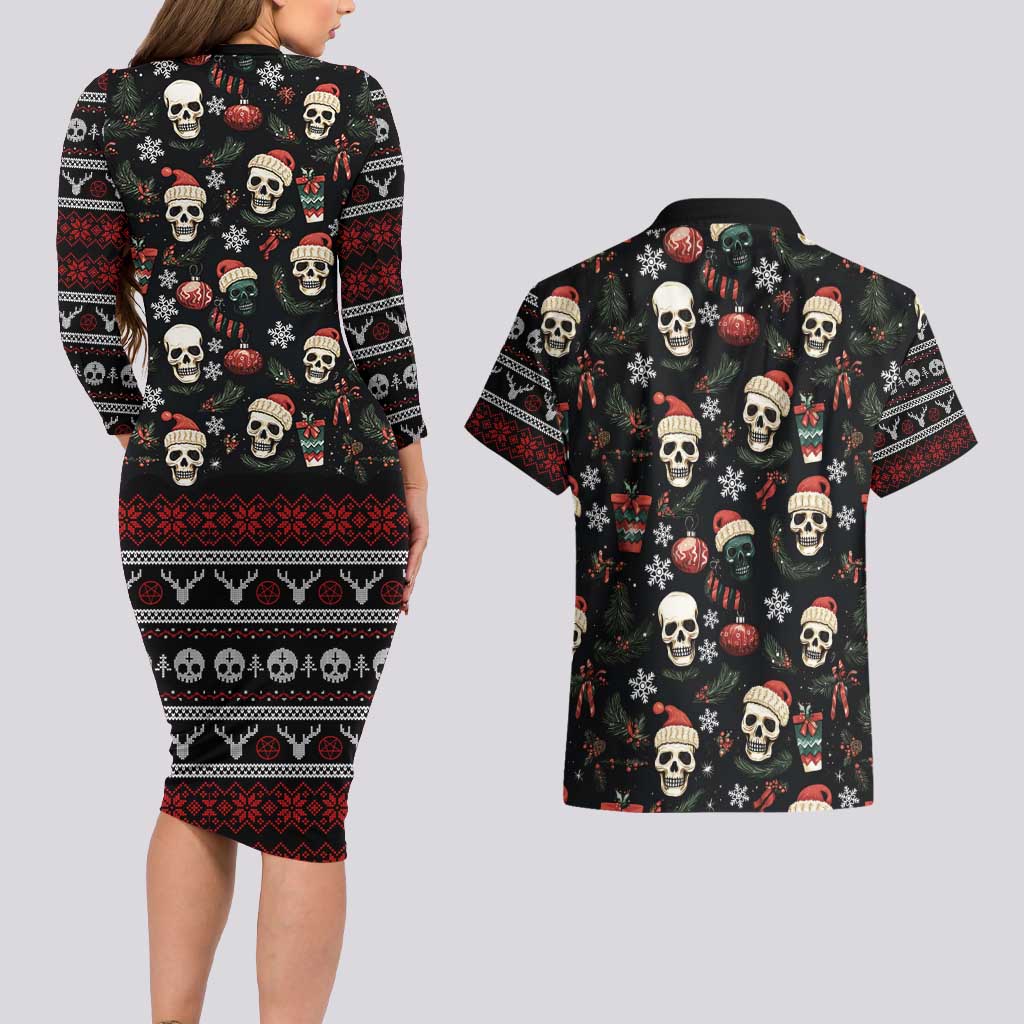 Skull Face Christmas Couples Matching Long Sleeve Bodycon Dress and Hawaiian Shirt Xmas Holiday Patterns - Wonder Print Shop